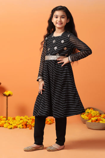 Girls Black Georgette Leheriya Printed Kurta With Palazzo Set