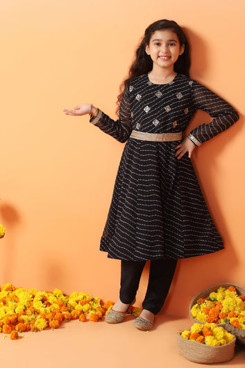 Girls Black Georgette Leheriya Printed Kurta With Palazzo Set