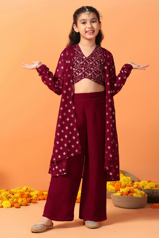 Girls Maroon Georgette Printed Crop Top And Shrug With Palazzo Set