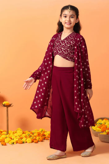 Girls Maroon Georgette Printed Crop Top And Shrug With Palazzo Set