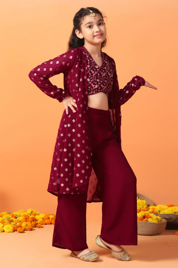 Girls Maroon Georgette Printed Crop Top And Shrug With Palazzo Set