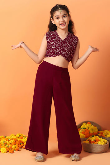 Girls Maroon Georgette Printed Crop Top And Shrug With Palazzo Set