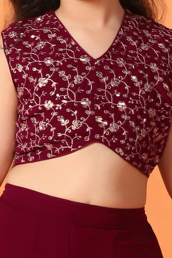 Girls Maroon Georgette Printed Crop Top And Shrug With Palazzo Set