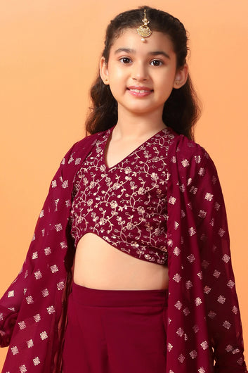 Girls Maroon Georgette Printed Crop Top And Shrug With Palazzo Set