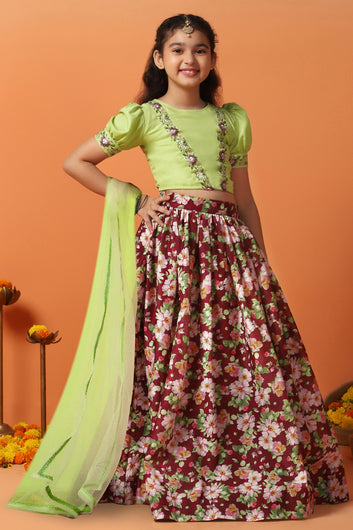 Girl's Pista Chanderi Silk Printed Lehenga Choli with dupatta Set