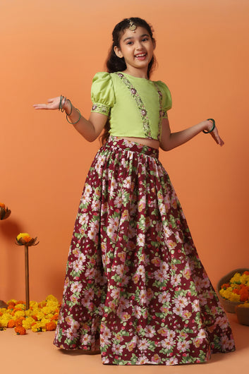 Girl's Pista Chanderi Silk Printed Lehenga Choli with dupatta Set