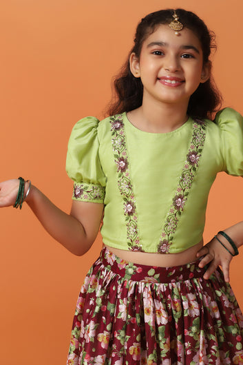 Girl's Pista Chanderi Silk Printed Lehenga Choli with dupatta Set