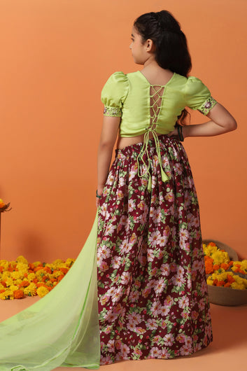 Girl's Pista Chanderi Silk Printed Lehenga Choli with dupatta Set