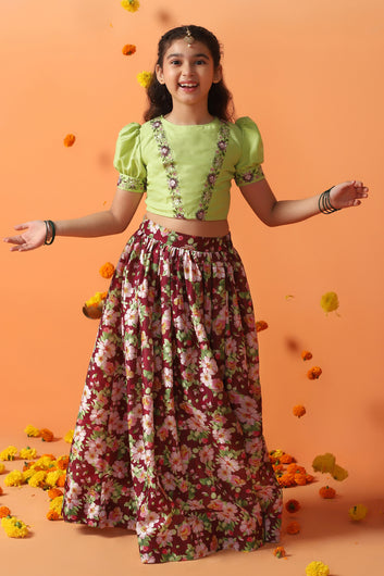 Girl's Pista Chanderi Silk Printed Lehenga Choli with dupatta Set