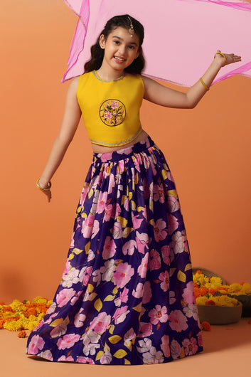 Girl's Mustard Chanderi Silk Printed Lehenga Choli with dupatta Set