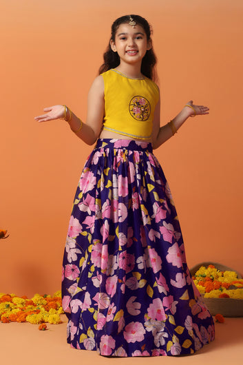 Girl's Mustard Chanderi Silk Printed Lehenga Choli with dupatta Set