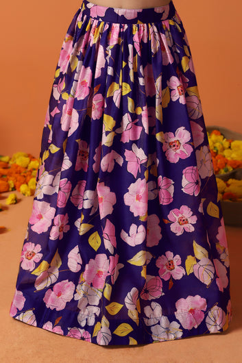 Girl's Mustard Chanderi Silk Printed Lehenga Choli with dupatta Set