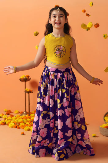 Girl's Mustard Chanderi Silk Printed Lehenga Choli with dupatta Set