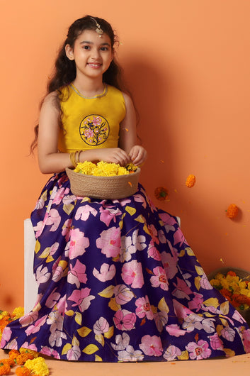Girl's Mustard Chanderi Silk Printed Lehenga Choli with dupatta Set