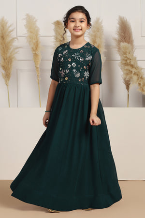 Girls Teal Green Georgette Embroidered Fit & Flare Maxi Length Dress