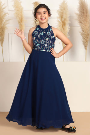 Girls Blue Georgette Embroidered Fit & Flare Maxi Length Dress