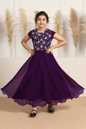 Girls Violet Georgette Embroidered Fit & Flare Maxi Length Dress