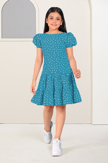 Girls Blue Cotton Blend Polka Dot Printed Fit & Flare Knee Length Dress