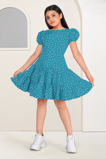 Girls Blue Cotton Blend Polka Dot Printed Fit & Flare Knee Length Dress