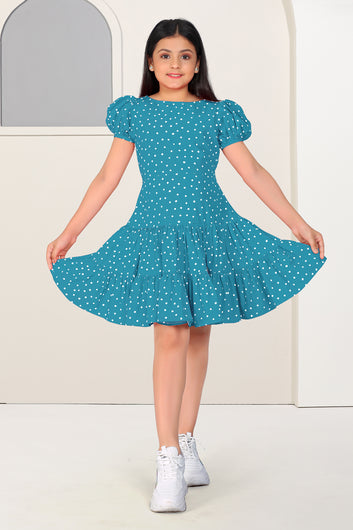 Girls Blue Cotton Blend Polka Dot Printed Fit & Flare Knee Length Dress