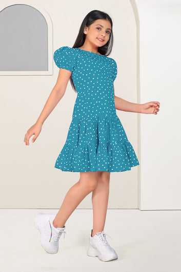 Girls Blue Cotton Blend Polka Dot Printed Fit & Flare Knee Length Dress