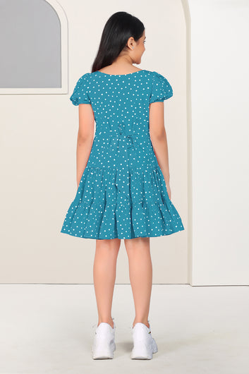 Girls Blue Cotton Blend Polka Dot Printed Fit & Flare Knee Length Dress