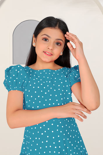 Girls Blue Cotton Blend Polka Dot Printed Fit & Flare Knee Length Dress