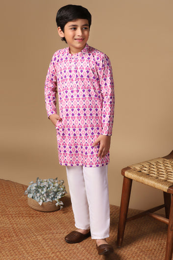 Boys Pink Cotton Blend Ajrakh Printed Straight Kurta With Payjama Set