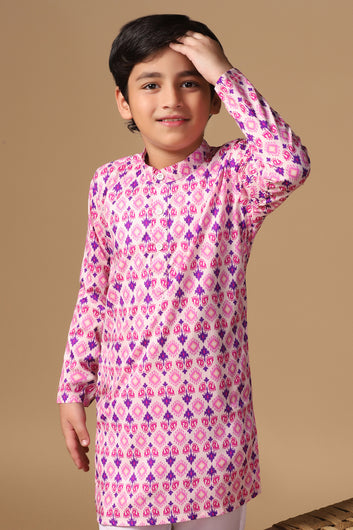 Boys Pink Cotton Blend Ajrakh Printed Straight Kurta With Payjama Set