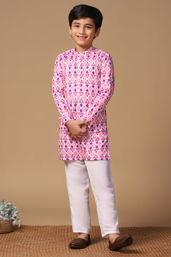 Boys Pink Cotton Blend Ajrakh Printed Straight Kurta With Payjama Set