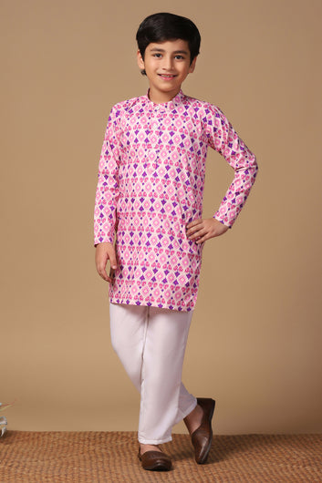 Boys Pink Cotton Blend Ajrakh Printed Straight Kurta With Payjama Set