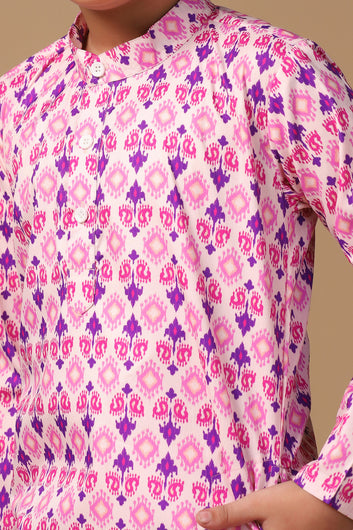 Boys Pink Cotton Blend Ajrakh Printed Straight Kurta With Payjama Set