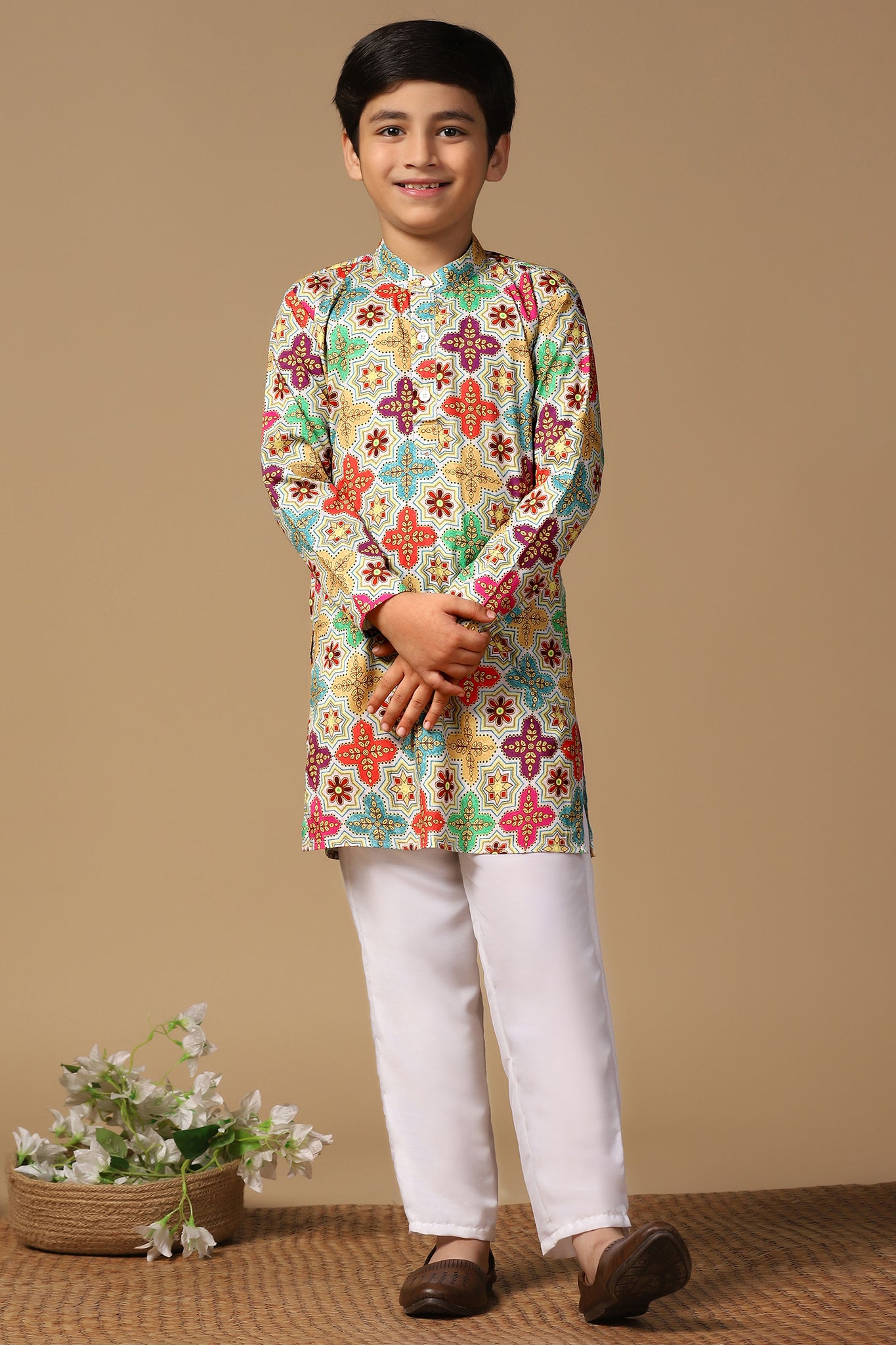 Boys Multicolor Cotton Blend Ajrakh Printed Straight Kurta With Payjama Set