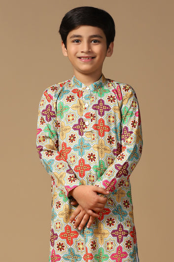 Boys Multicolor Cotton Blend Ajrakh Printed Straight Kurta With Payjama Set