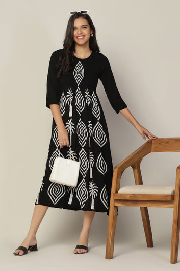 Womens Black Viscose Rayon Tie & Dye Printed Calf Length Dress