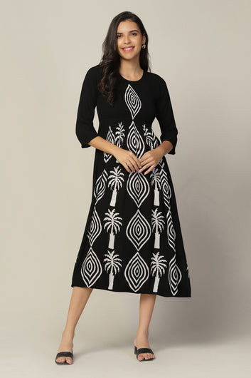 Womens Black Viscose Rayon Tie & Dye Printed Calf Length Dress