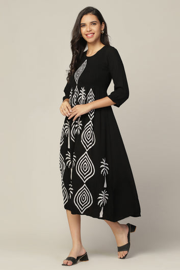 Womens Black Viscose Rayon Tie & Dye Printed Calf Length Dress