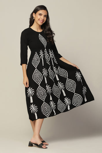 Womens Black Viscose Rayon Tie & Dye Printed Calf Length Dress