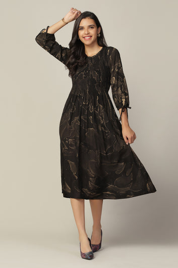 Womens Black Viscose Rayon Tie & Dye Printed Calf Length Dress