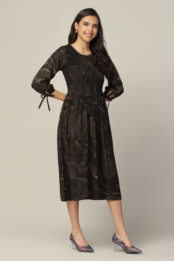 Womens Black Viscose Rayon Tie & Dye Printed Calf Length Dress