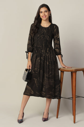 Womens Black Viscose Rayon Tie & Dye Printed Calf Length Dress