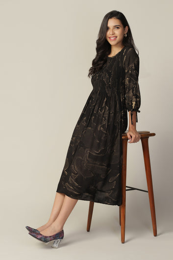 Womens Black Viscose Rayon Tie & Dye Printed Calf Length Dress