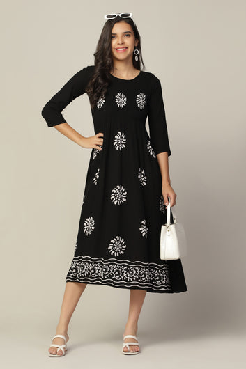 Womens Black Viscose Rayon Printed Calf Length Dress