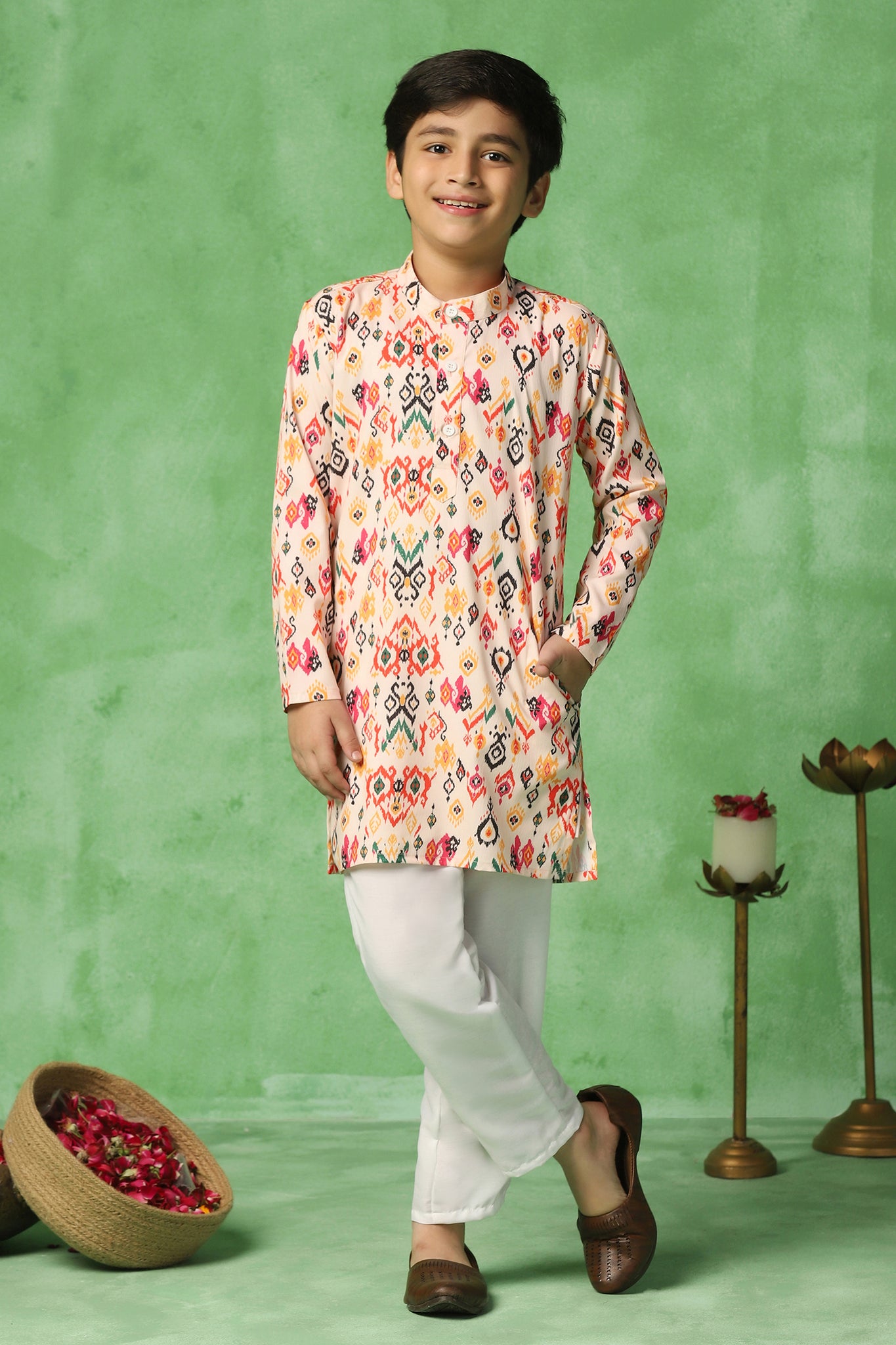 Boys Multicolor Cotton Blend Ajrakh Printed Straight Kurta With Payjama Set