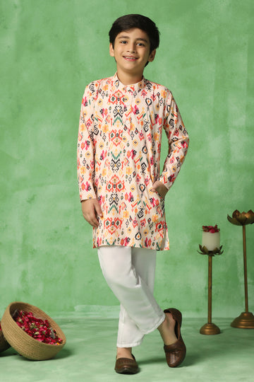 Boys Multicolor Cotton Blend Ajrakh Printed Straight Kurta With Payjama Set