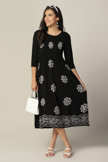 Womens Black Viscose Rayon Printed Calf Length Dress