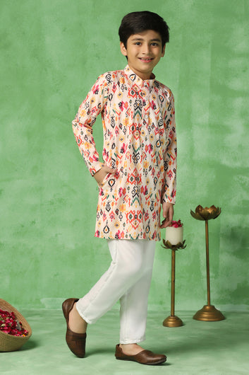 Boys Multicolor Cotton Blend Ajrakh Printed Straight Kurta With Payjama Set