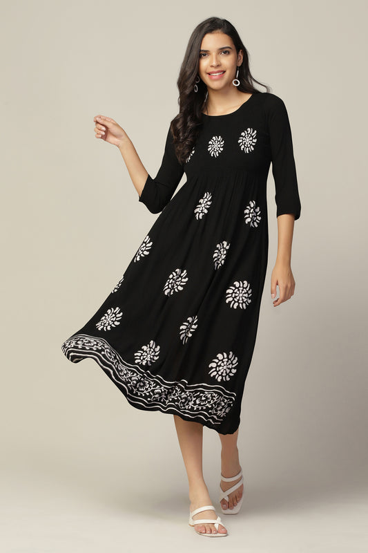 Womens Black Viscose Rayon Printed Calf Length Dress