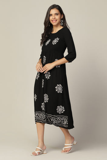 Womens Black Viscose Rayon Printed Calf Length Dress