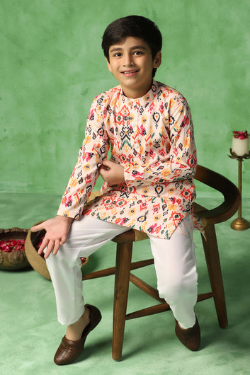 Boys Multicolor Cotton Blend Ajrakh Printed Straight Kurta With Payjama Set